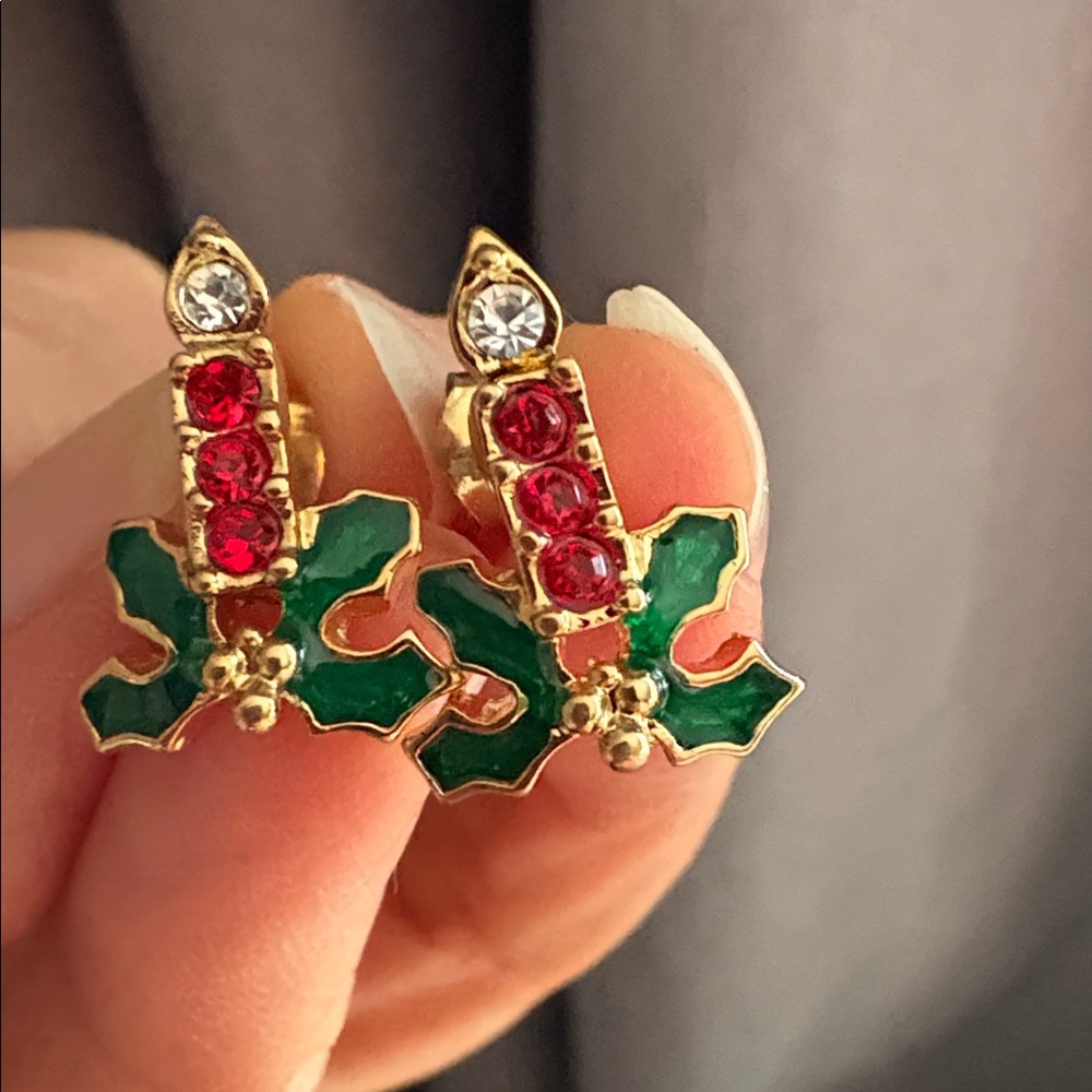 Vintage Avon Christmas Candle Holly Enamel Rhinestone Earrings